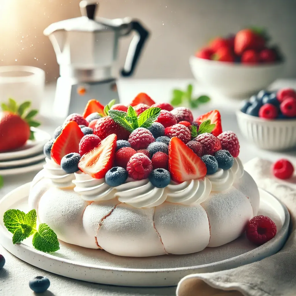 Pavlova clásica con crema y frutos rojos